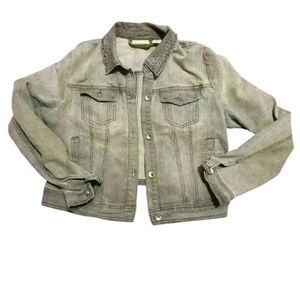 DKNY distressed  denim jacket grey / faded black with blinged collar medium